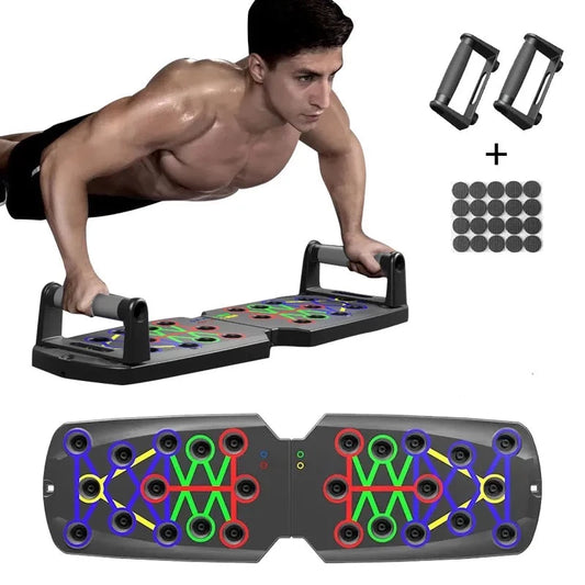 person working out with push up board, top angle, includes handles and non-skid